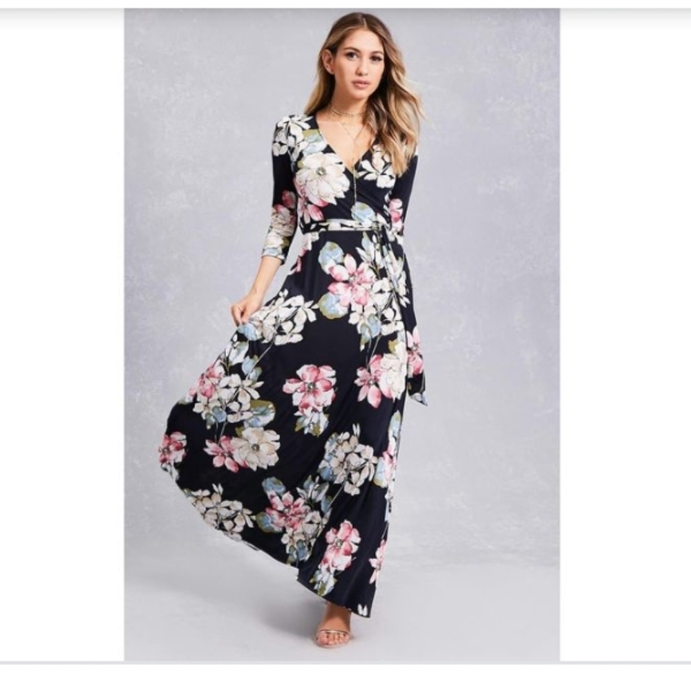 NWOT Floral 3/4 Sleeve Faux Wrap Maxi Dress
